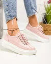 Pantofi casual dama piele naturala roz cu inchidere sireturi T-5970 1
