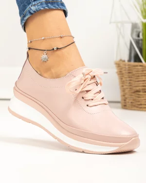 Pantofi casual dama piele naturala roz cu inchidere sireturi T-9001
