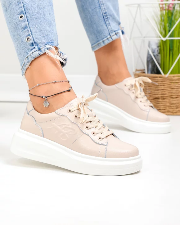 Pantofi casual dama piele naturala roz cu inchidere sireturi T6053