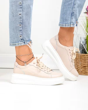 Pantofi casual dama piele naturala roz cu inchidere sireturi T6053