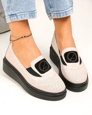 Pantofi casual dama piele naturala roz cu inchidere slip-on si perforatii JY3871