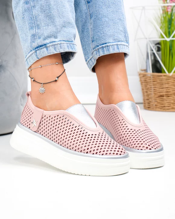 Pantofi casual dama piele naturala roz cu inchidere slip-on si talpa groasa T-9008