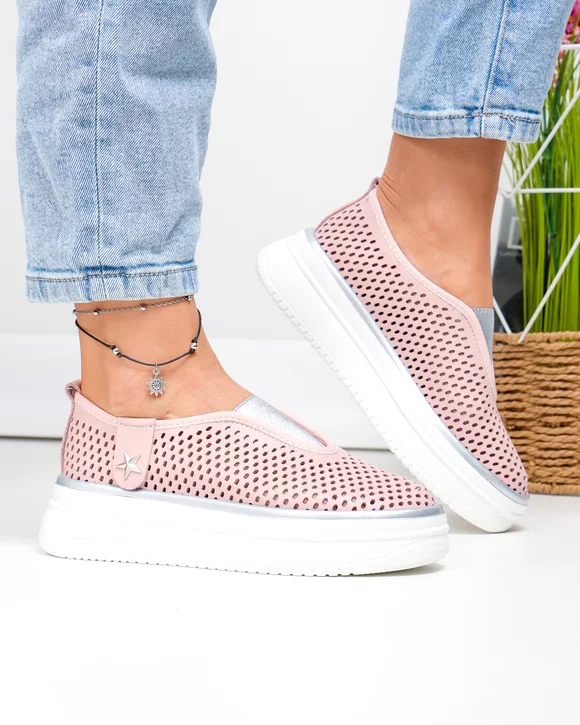 Pantofi casual dama piele naturala roz cu inchidere slip-on si talpa groasa T-9008