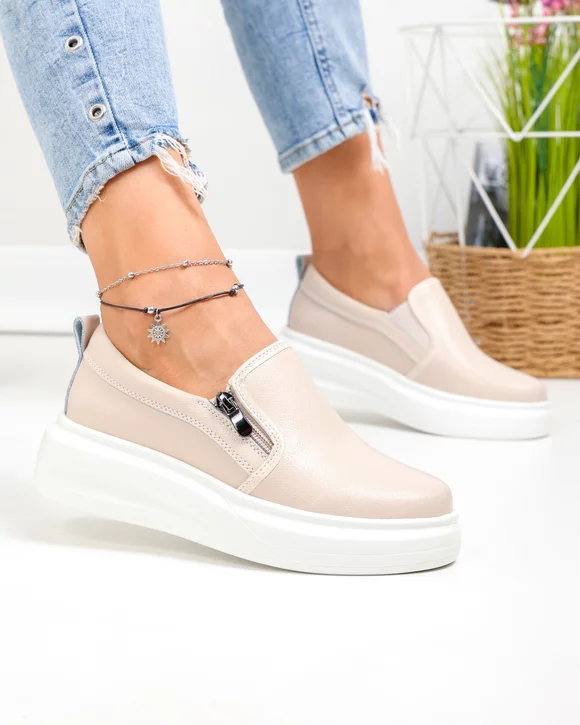 Pantofi casual dama piele naturala roz cu inchidere slip-on T6051