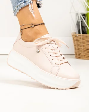 Pantofi casual dama piele naturala roz cu inimioara metalica si talpa groasa F001-775