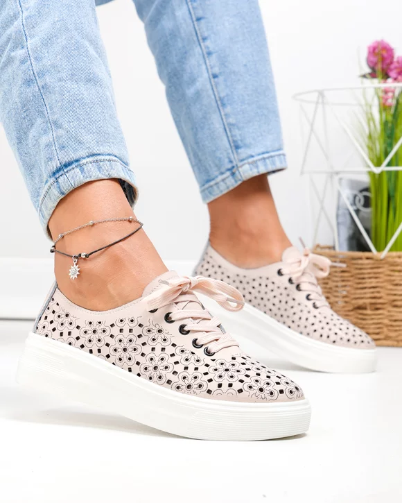 Pantofi casual dama piele naturala roz cu model perforat si inchidere sireturi JY3230
