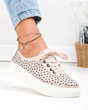 Pantofi casual dama piele naturala roz cu model perforat si inchidere sireturi JY3230