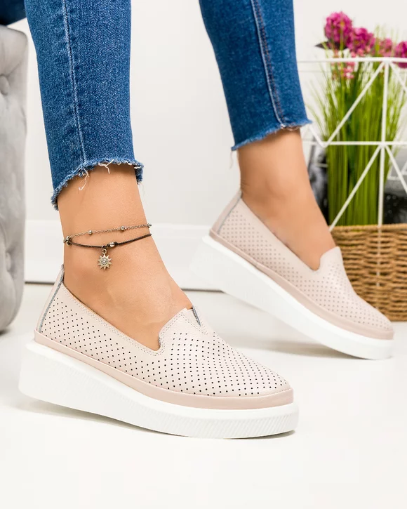 Pantofi casual dama piele naturala roz cu perforatii si inchidere slip-on JY3872