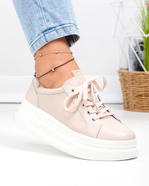Pantofi casual dama piele naturala roz cu talpa alba AW468
