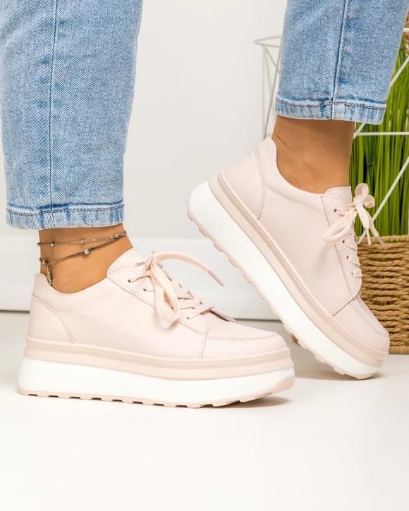 Pantofi casual dama piele naturala roz cu talpa alba si varf rotund F001-777