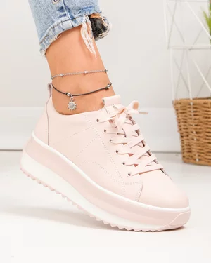 Pantofi casual dama piele naturala roz cu talpa groasa si inchidere sireturi F001-750