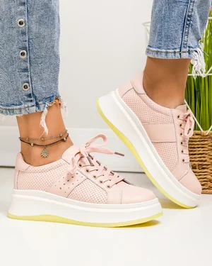 Pantofi casual dama piele naturala roz perforati cu inchidere sireturi F002-283