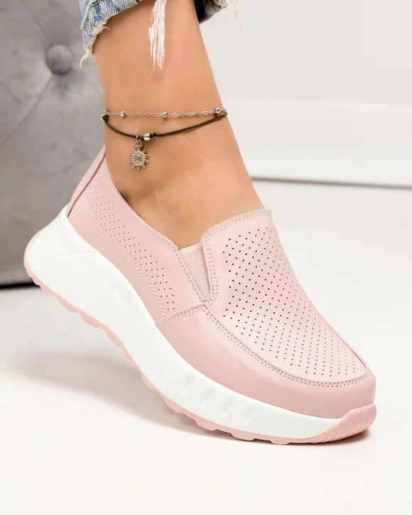 Pantofi casual dama piele naturala roz perforati cu insertii elastice si inchidere slip-on JY3921