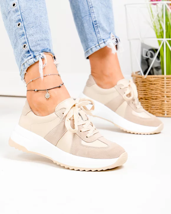 Pantofi casual dama piele naturala si piele intoarsa bej T-8077