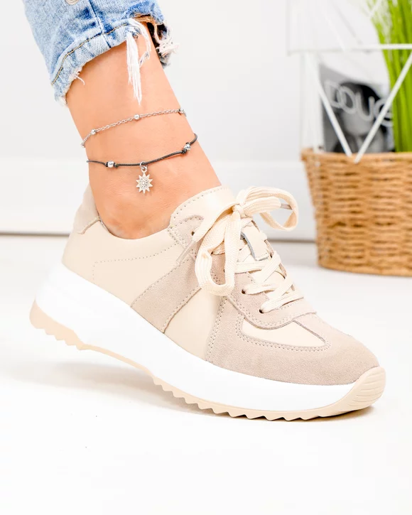 Pantofi Casual - Pantofi casual dama piele naturala si piele intoarsa bej T-8077