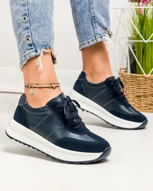 Pantofi casual dama piele naturala si piele naturala intoarsa bleumarin cu inchidere sireturi JY5290