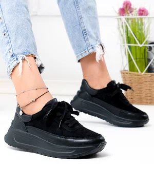Pantofi casual dama piele naturala si piele naturala intoarsa negri F001-975