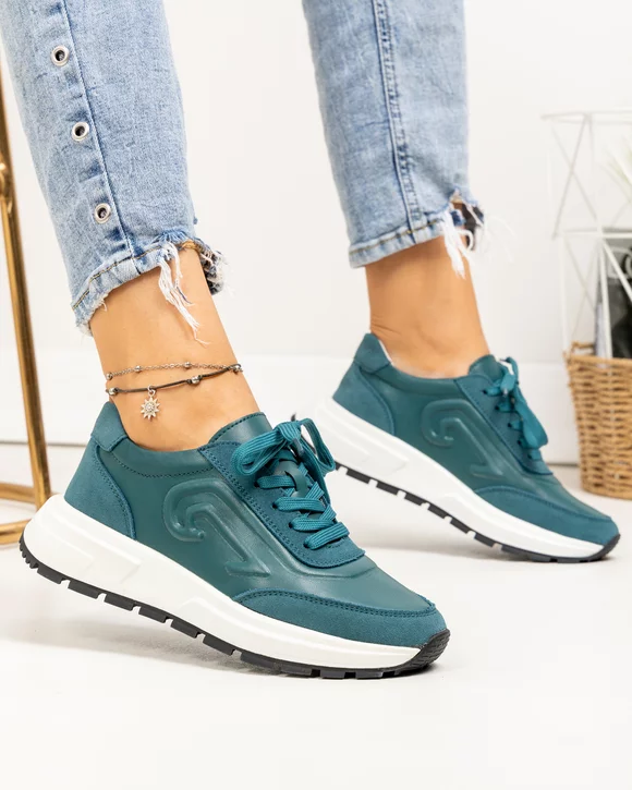Pantofi casual dama piele naturala si piele naturala intoarsa verzi cu inchidere sireturi F001-751