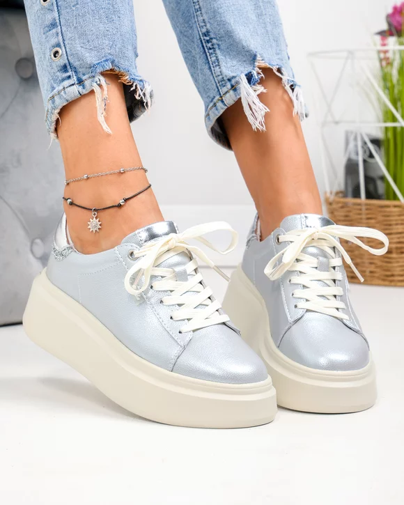 Pantofi casual dama piele naturala sidefata argintii F002-426B