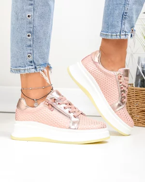 Pantofi casual dama piele naturala texturata roz cu inchidere siret elastic si fermoar lateral F002-346