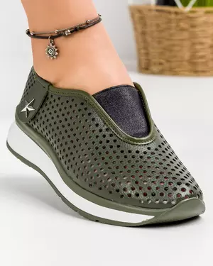 Pantofi casual dama piele naturala verde inchis cu accesoriu XH-2074