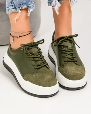 Pantofi casual dama piele naturala verde inchis si piele naturala intoarsa in varf T-5102