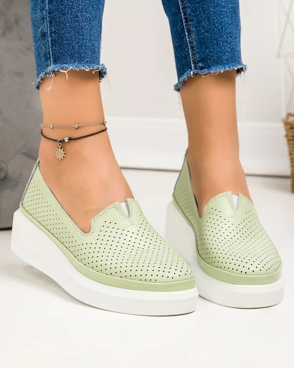 Pantofi casual dama piele naturala verzi perforati JY3872