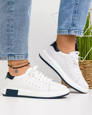 Pantofi casual din piele naturala albi cu bleumarin si inchidere sireturi AW464