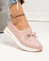 Pantofi casual perforati piele naturala roz cu fundita si inchidere slip-on T-5930 2