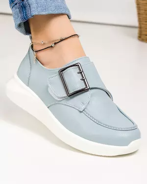 Pantofi casual piele naturala albastri cu catarama decorativa si inchidere scai T-5010