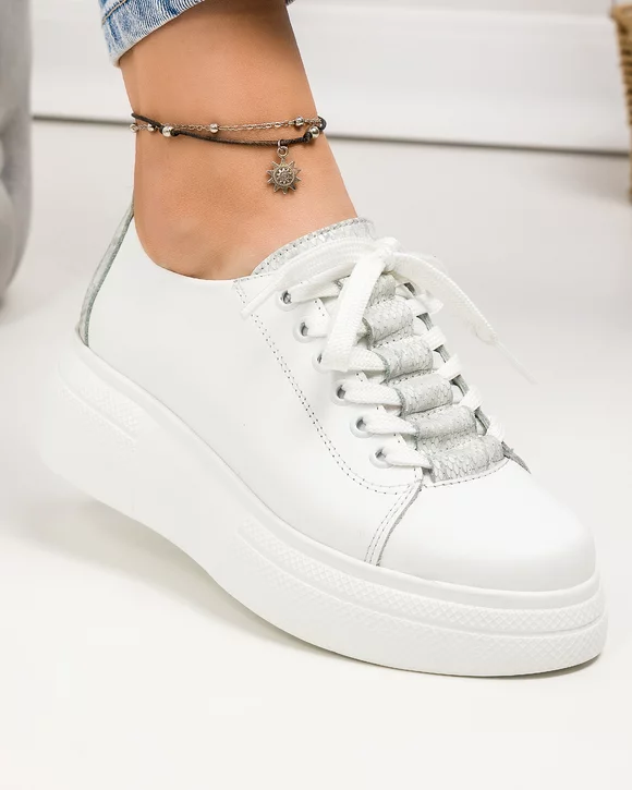 Pantofi casual piele naturala albi cu imprimeu sarpe gri si talpa groasa ASTI213