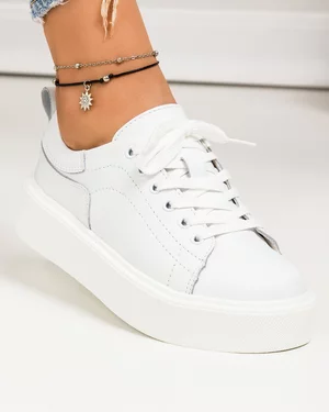 Pantofi casual piele naturala albi cu inchidere siret si talpa groasa T-5122
