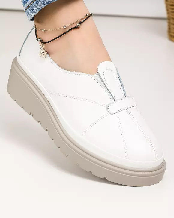 Pantofi casual piele naturala albi cu talpa gri JY3371