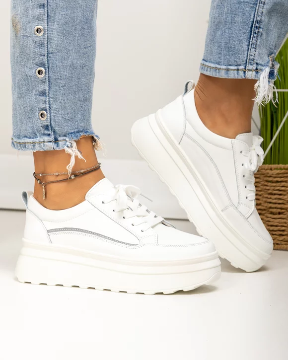 Pantofi casual piele naturala albi cu talpa groasa si inchidere sireturi F001-780
