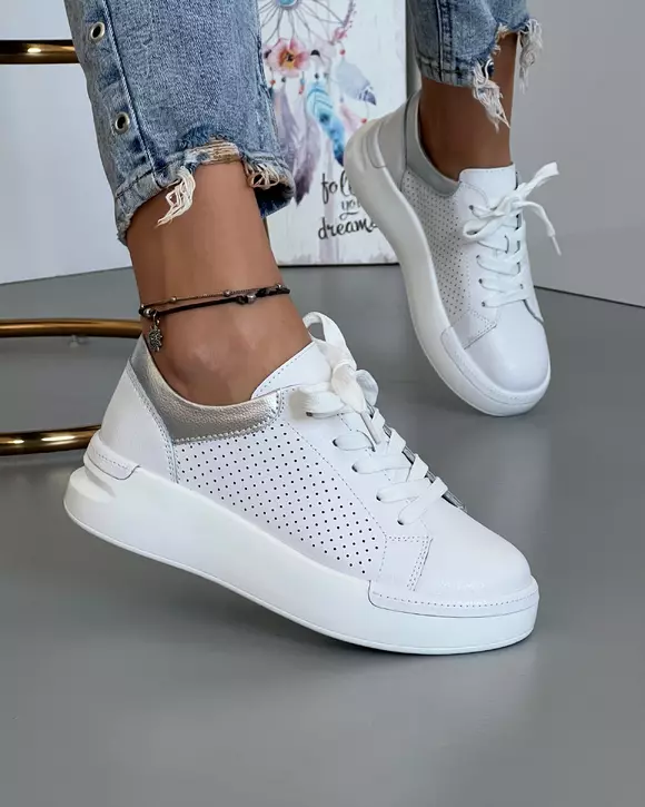 Pantofi casual piele naturala albi perforati AW363