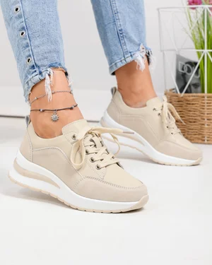 Incaltaminte Dama - Pantofi casual piele naturala bej cu inchidere sireturi T-5100