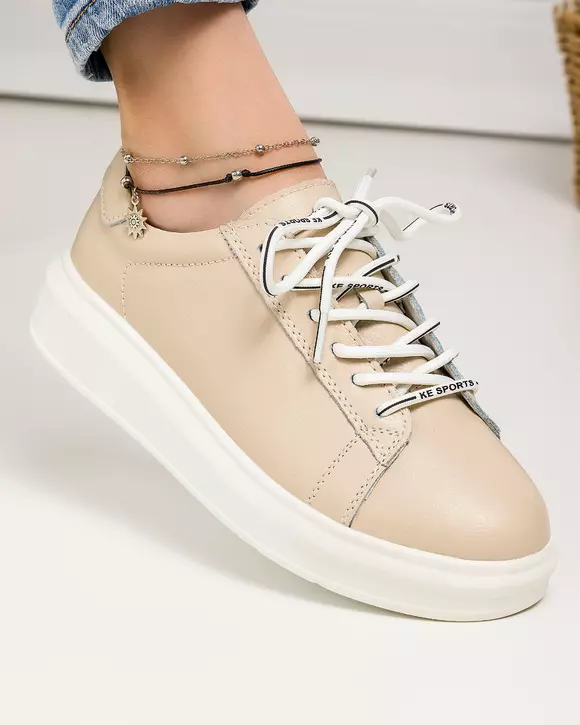 Pantofi casual piele naturala bej cu varf rotund JY3550