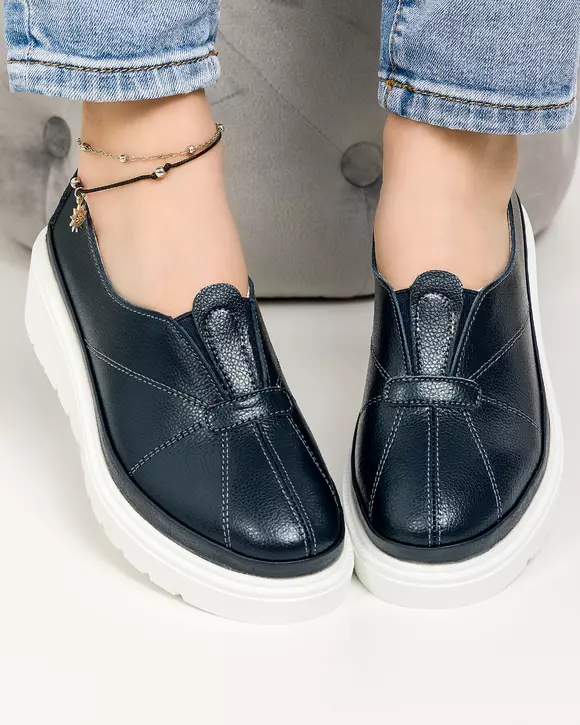 Pantofi casual piele naturala bleumarin cu inchidere slip-on JY3371