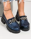 Pantofi casual bleumarin piele naturala cu franjuri si accesoriu metalic lant BA010 1