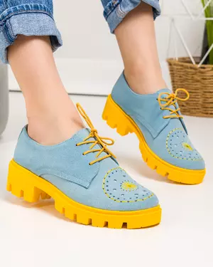 Pantofi casual piele naturala intoarsa albastru deschis cu galben POL208