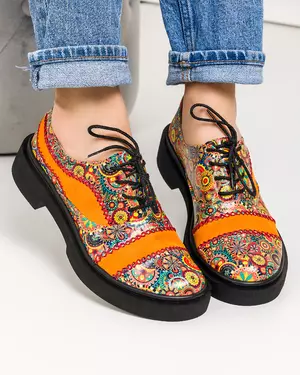 Pantofi casual piele naturala portocaliu cu imprimeu multicolor POL211