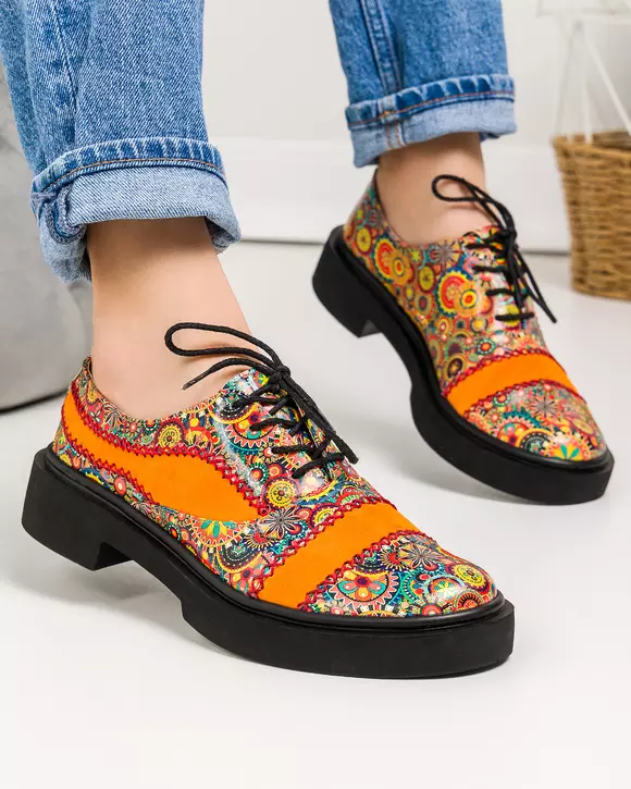 Pantofi casual piele naturala portocaliu cu imprimeu multicolor POL211