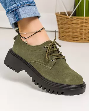 Pantofi casual piele naturala intoarsa verde inchis cu inchidere siret T-5007