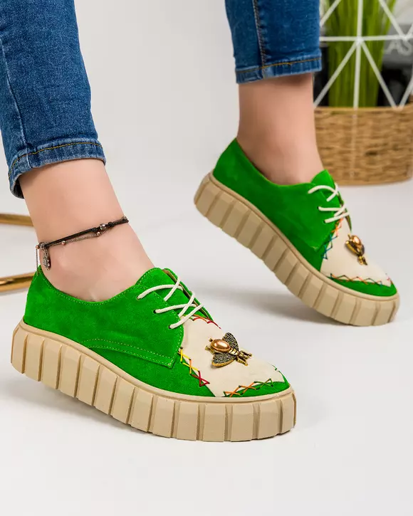 Pantofi casual piele naturala intoarsa verzi cu accesoriu POL194
