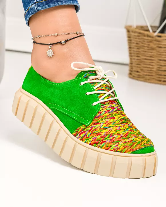 Pantofi casual piele naturala intoarsa verzi cu model impletit multicolor POL203