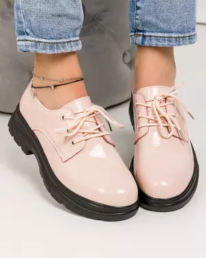 Pantofi casual piele naturala lucioasa roz deschis cu talpa neagra JY2770