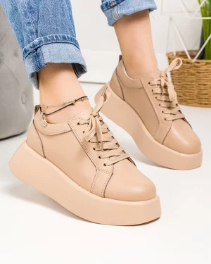 Pantofi casual piele naturala maro cu talpa groasa si inchidere siret T-5025