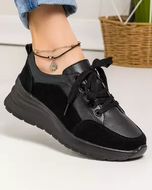 Pantofi casual piele naturala negri cu piele naturala intoarsa T-5100