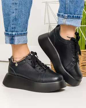 Pantofi casual piele naturala negri cu talpa supradimensionata T-5025