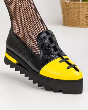 Pantofi casual piele naturala negru cu galben cu siret decorativ POL178